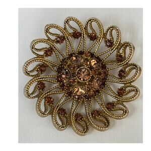 Vintage HAR Gold Tone Amber Rhinestone Brooch #65107